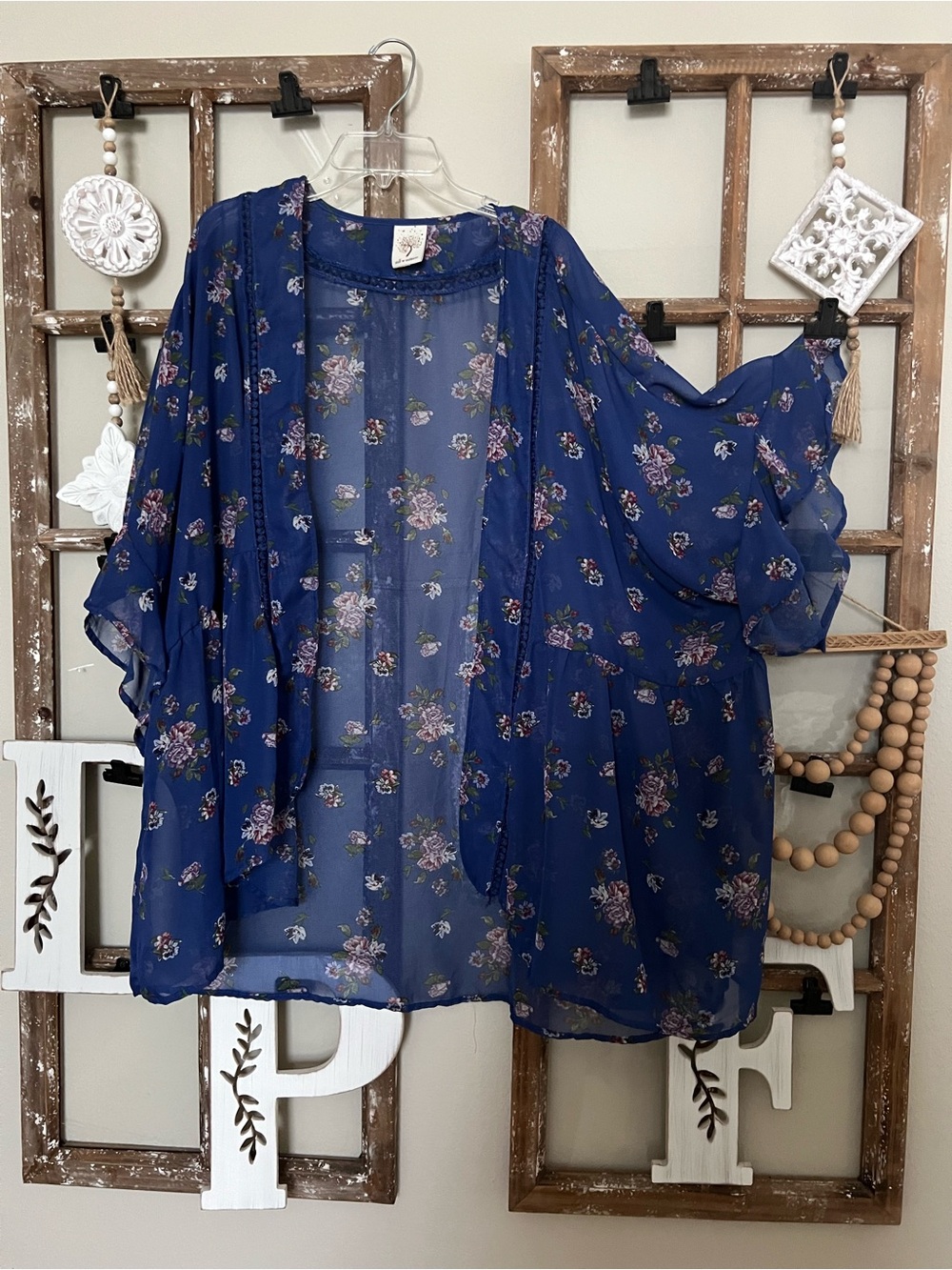 Self Esteem Navy Blue Sheer Floral Kimono